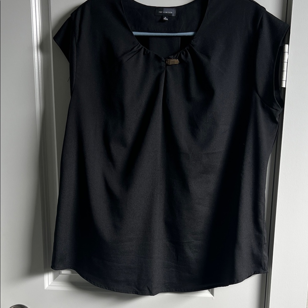 The Limited Black Blouse with Gathered Neckline and Gold Clasp Detail